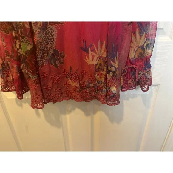 JOHNNY WAS Mazzy Floral Print Embroidered Mesh Large Split V-Neck Peasant Blouse - Picture 8 of 13